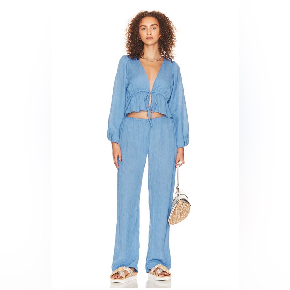 Faithfull The Brand Jacques Top in Chambray Blue Size Small Linen Ruffle Tie